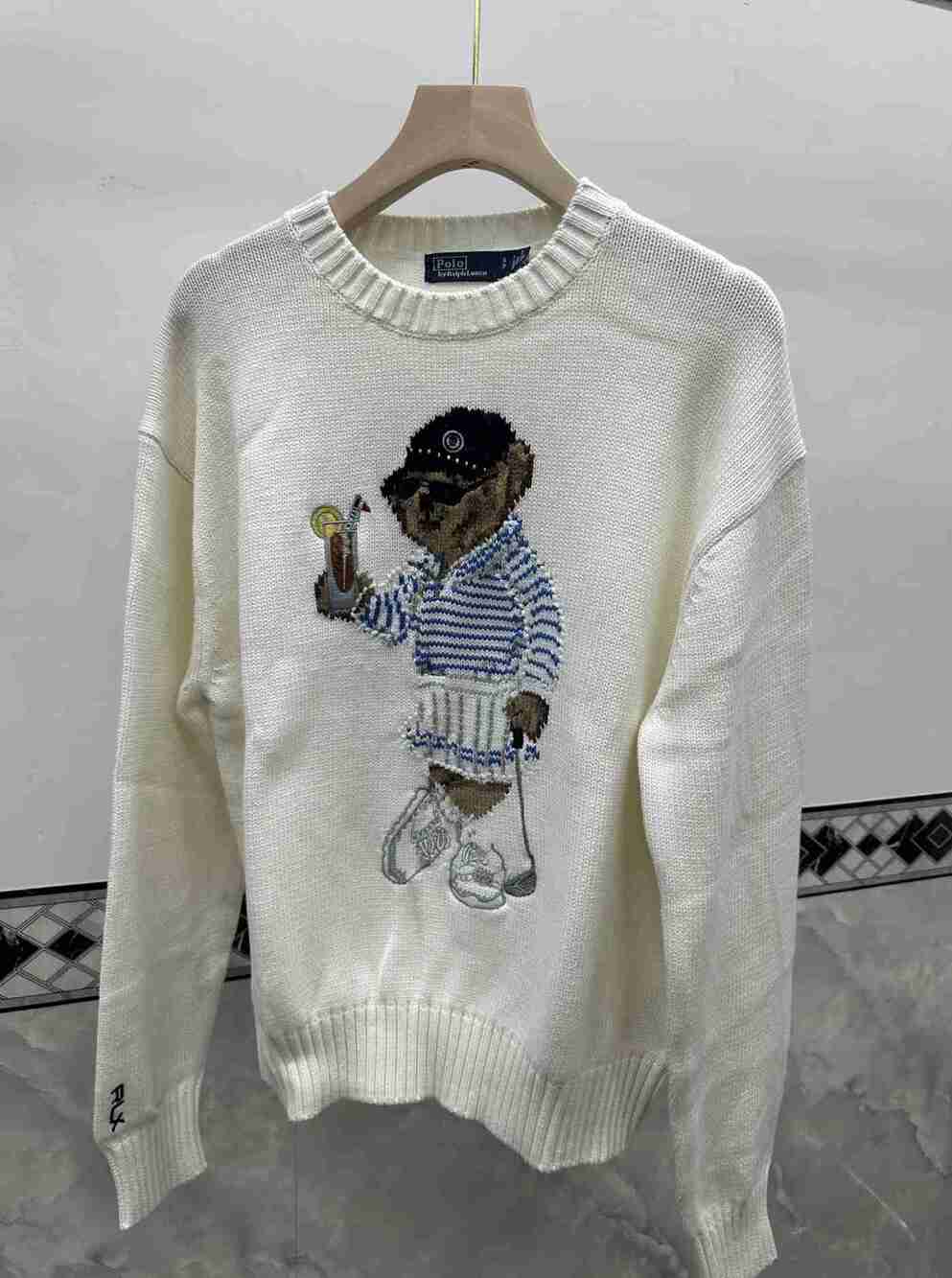 Polo Ralph Lauren Cream Golf Polo Bear Crewneck Knit Sweater